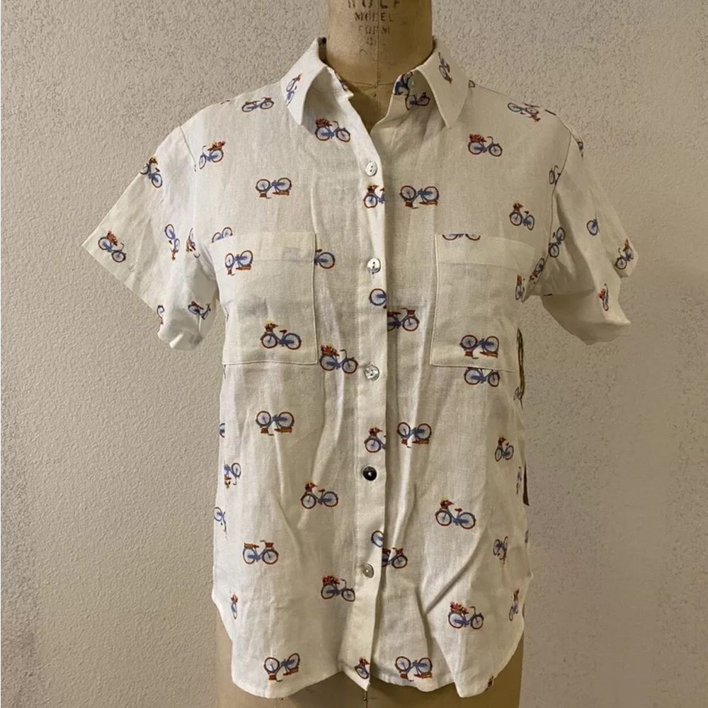 NWT Rae Dunn women’s novelty print bicycle linen shirt size small/petite